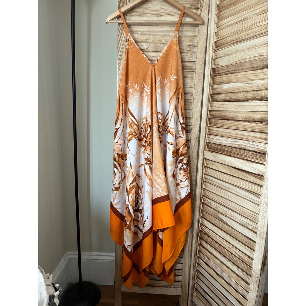 Mlle Gabriell Orange Brown Floral Scarf Print Handkerchief Hem Dress L Boho - Picture 4 of 8